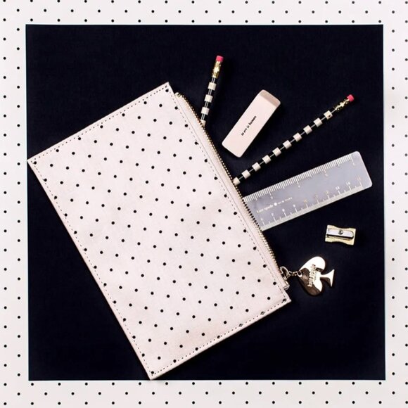 Kate Spade New York Ivory Black Polka Dots Zippered Leatherette Pencil Pouch - Picture 11 of 11